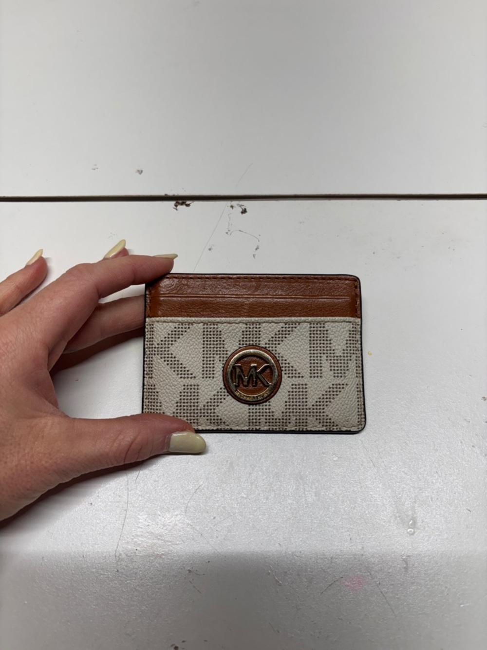 Michael Kors Cream and Brown MK Logo Card Holder